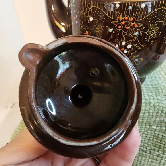 Vintage Japan Brown Teapot Hand Painted Gold Floral Enamel Dot 6in Midcentury - Picture 7 of 10